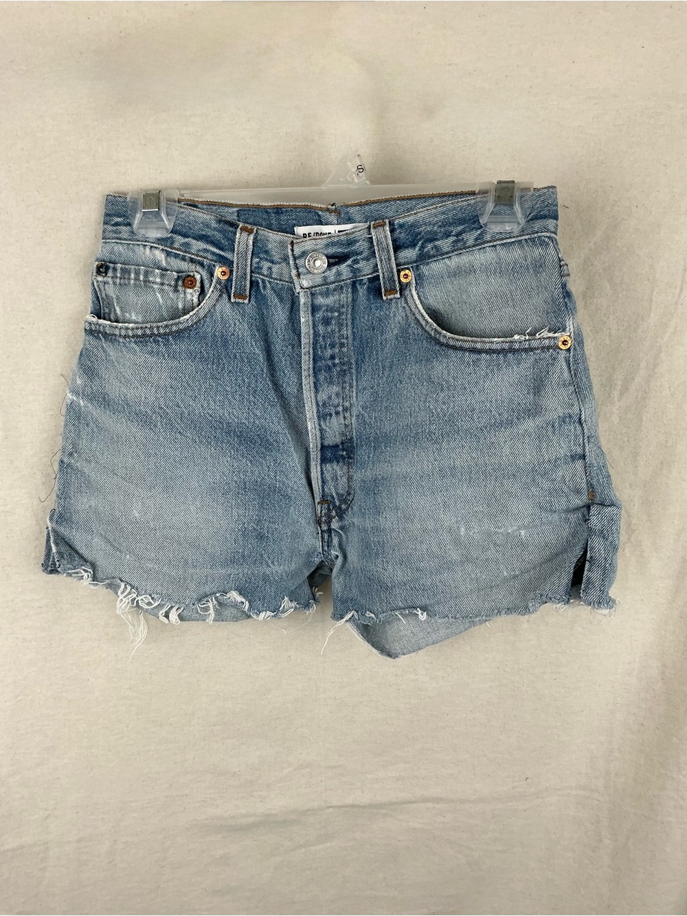Re/Done Levi’s 501s Light Wash High-Rise Distressed Denim Cut Off Shorts